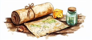 古老地图与卷轴的静物组合