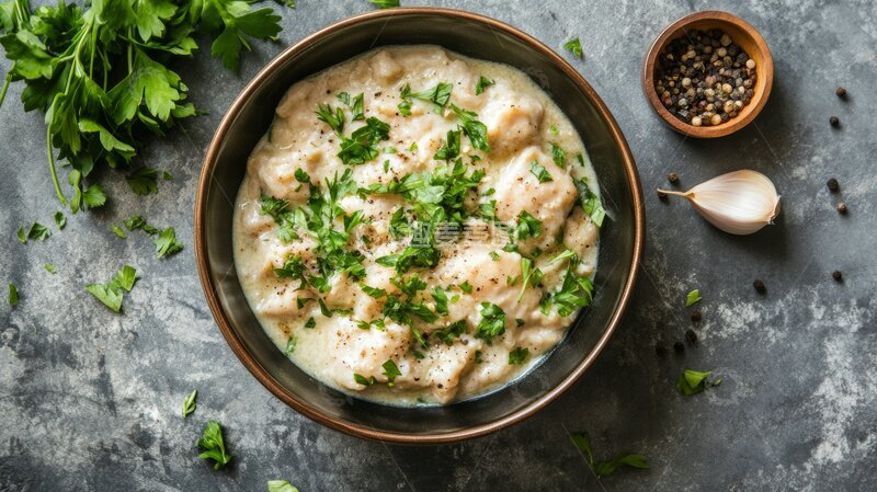 高清大图下载【趣麦麦图】奶油蘑菇汤配香草装饰