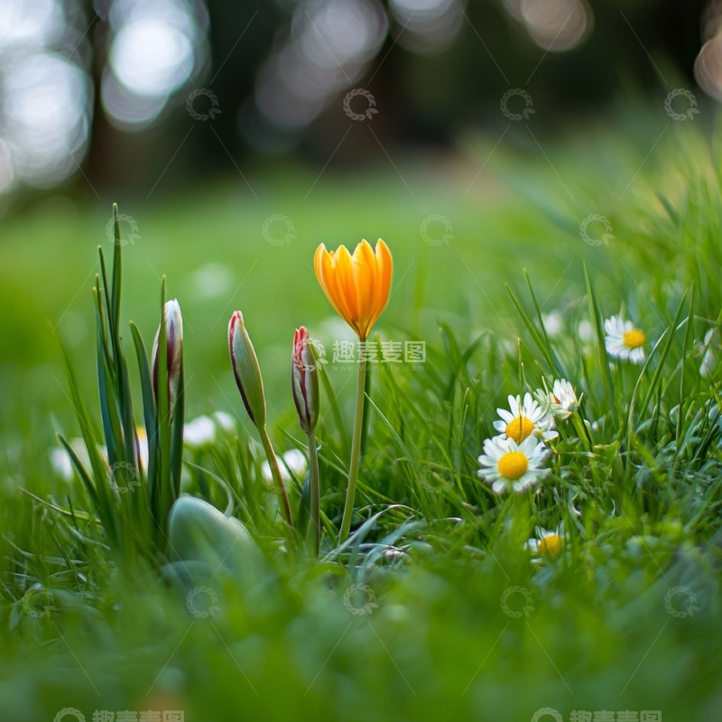 高清大图下载【趣麦麦图】草地上的橙色郁金香与雏菊