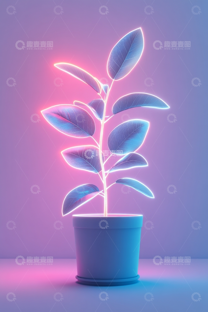 高清大图下载【趣麦麦图】霓虹光芒下的盆栽植物
