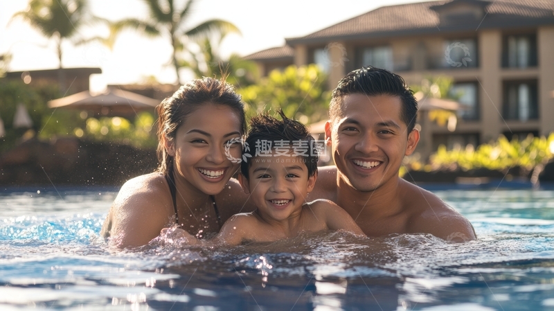 一家三口在泳池中微笑