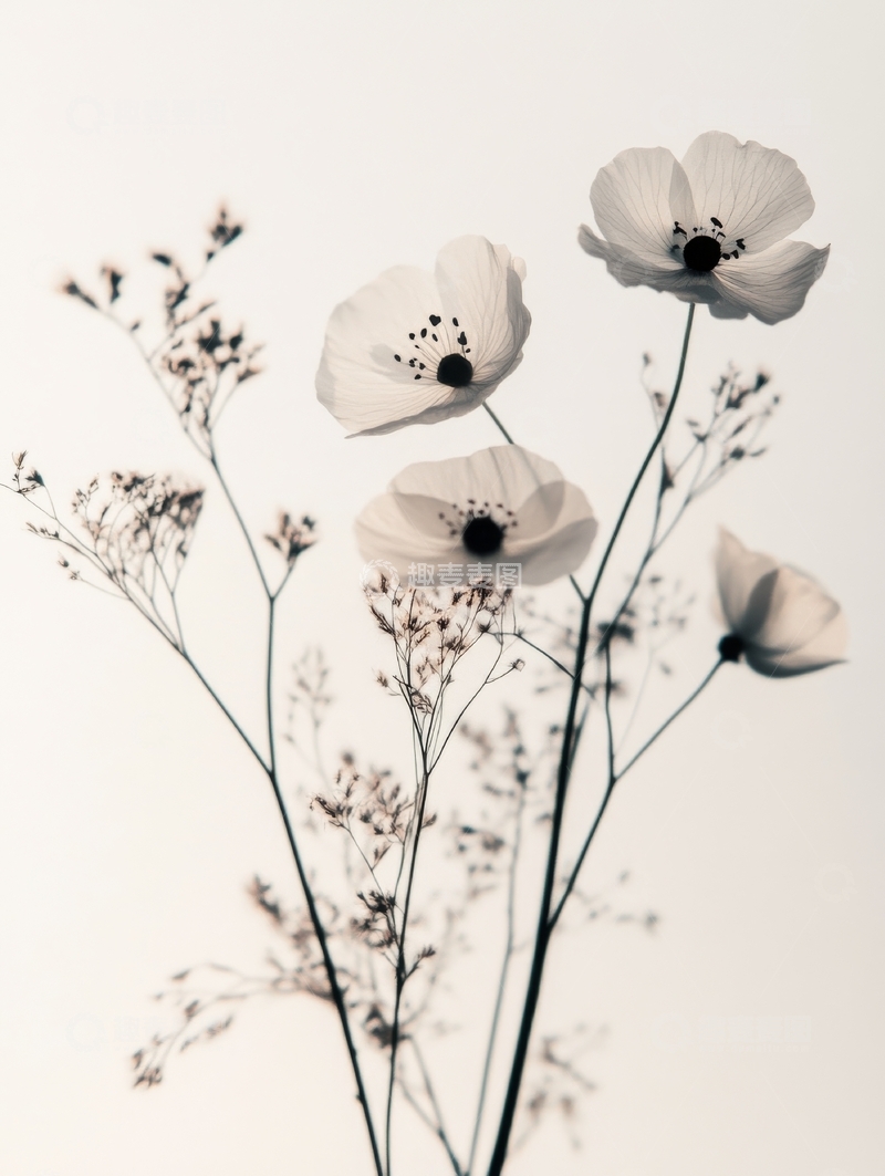 高清大图下载【趣麦麦图】白色花朵与细枝的静谧组合