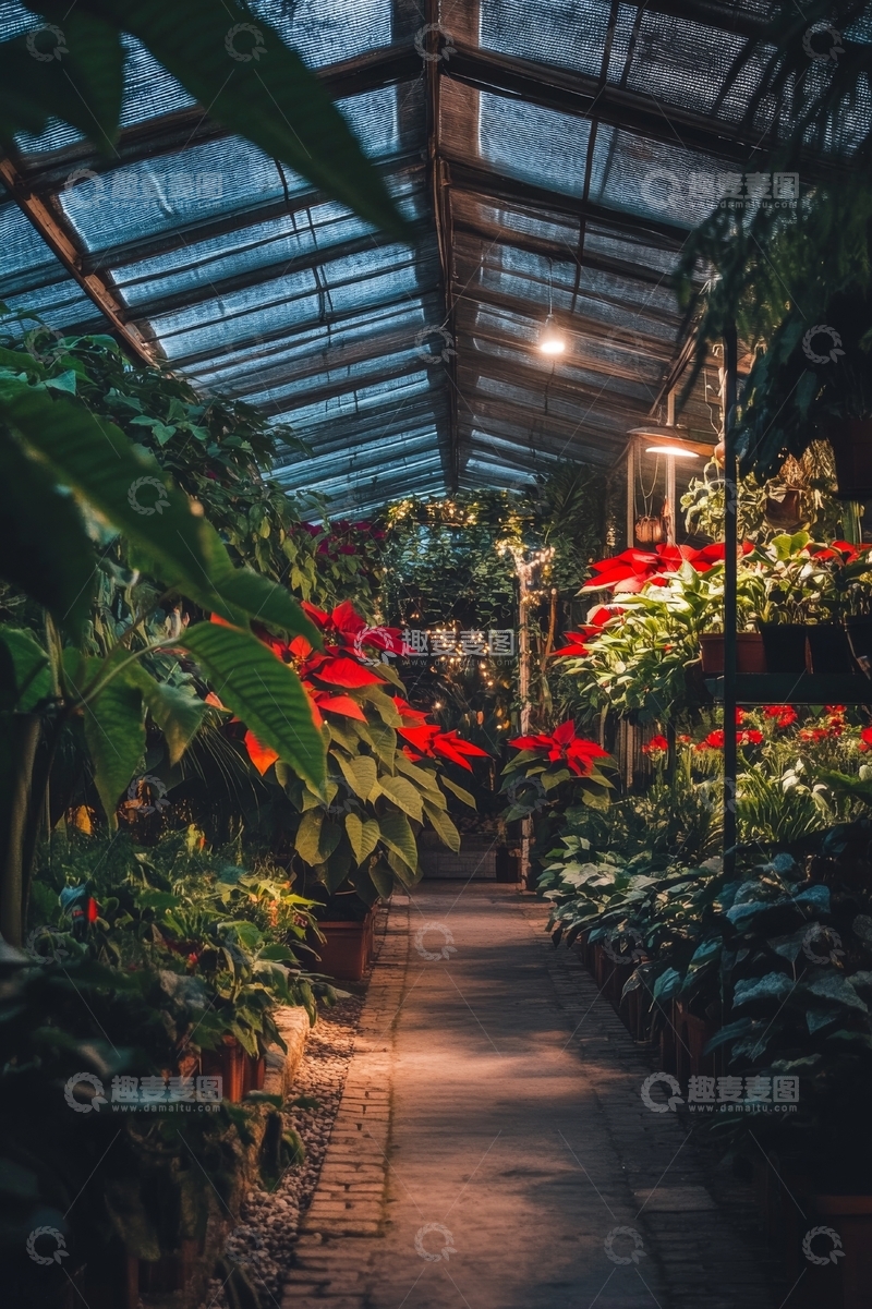 高清大图下载【趣麦麦图】温室内的热带植物与红色花朵