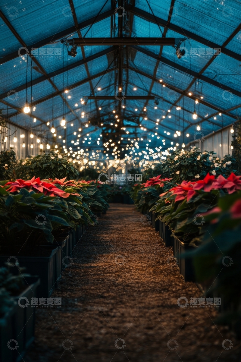 高清大图下载【趣麦麦图】温室中的红色花卉与灯光装饰