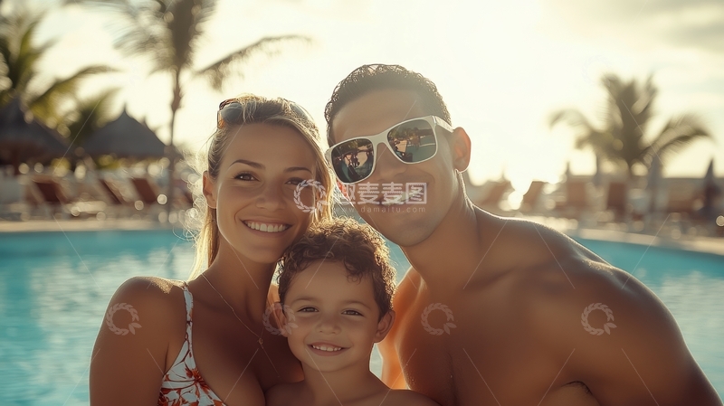 高清大图下载【趣麦麦图】泳池边的幸福家庭