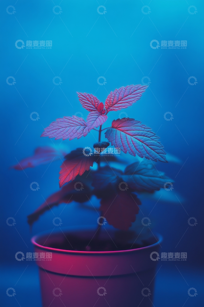 高清大图下载【趣麦麦图】蓝光照射下的盆栽植物