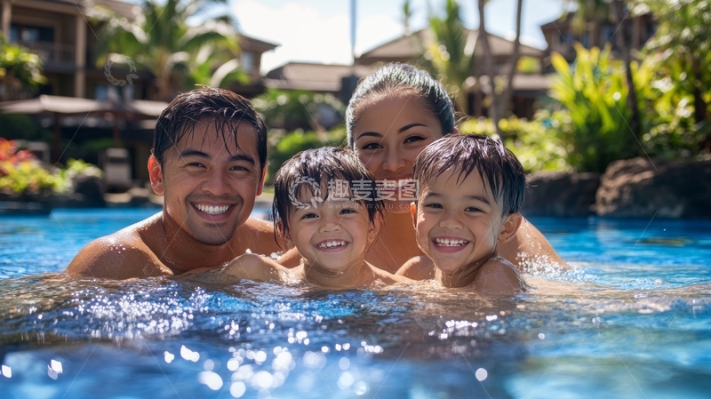 一家四口在泳池中微笑