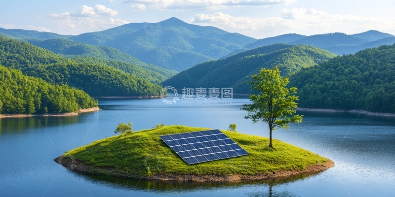 高清大图下载【趣麦麦图】湖中岛屿上的太阳能板与绿树