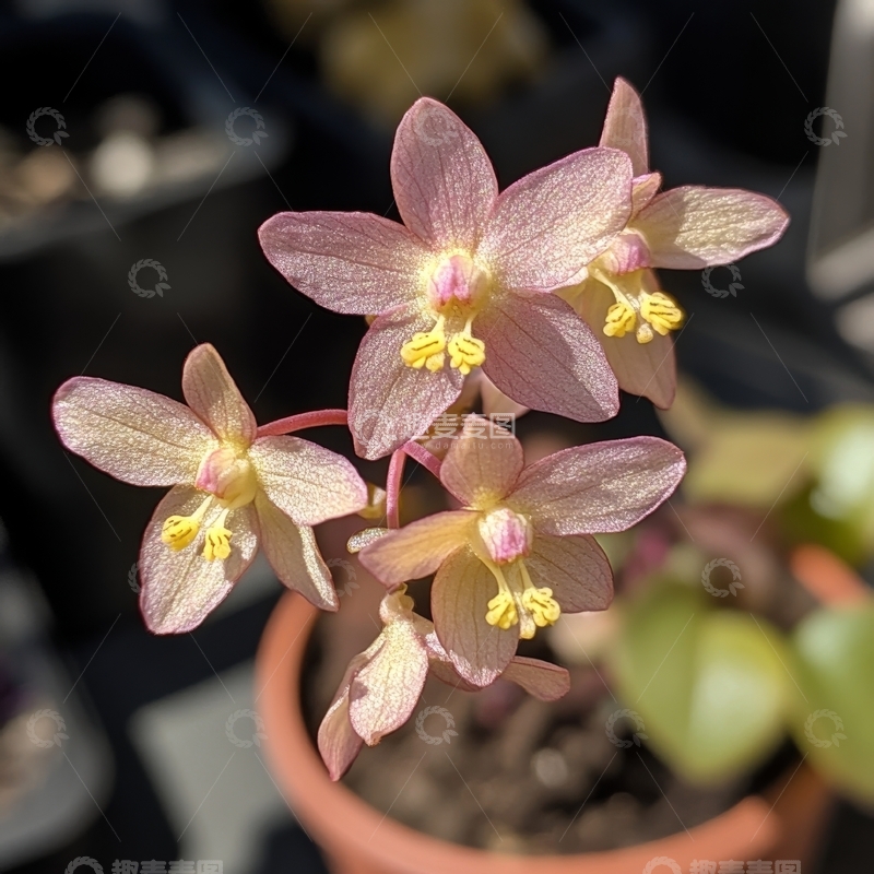 高清大图下载【趣麦麦图】粉色兰花盆栽，花瓣细腻，花蕊金黄