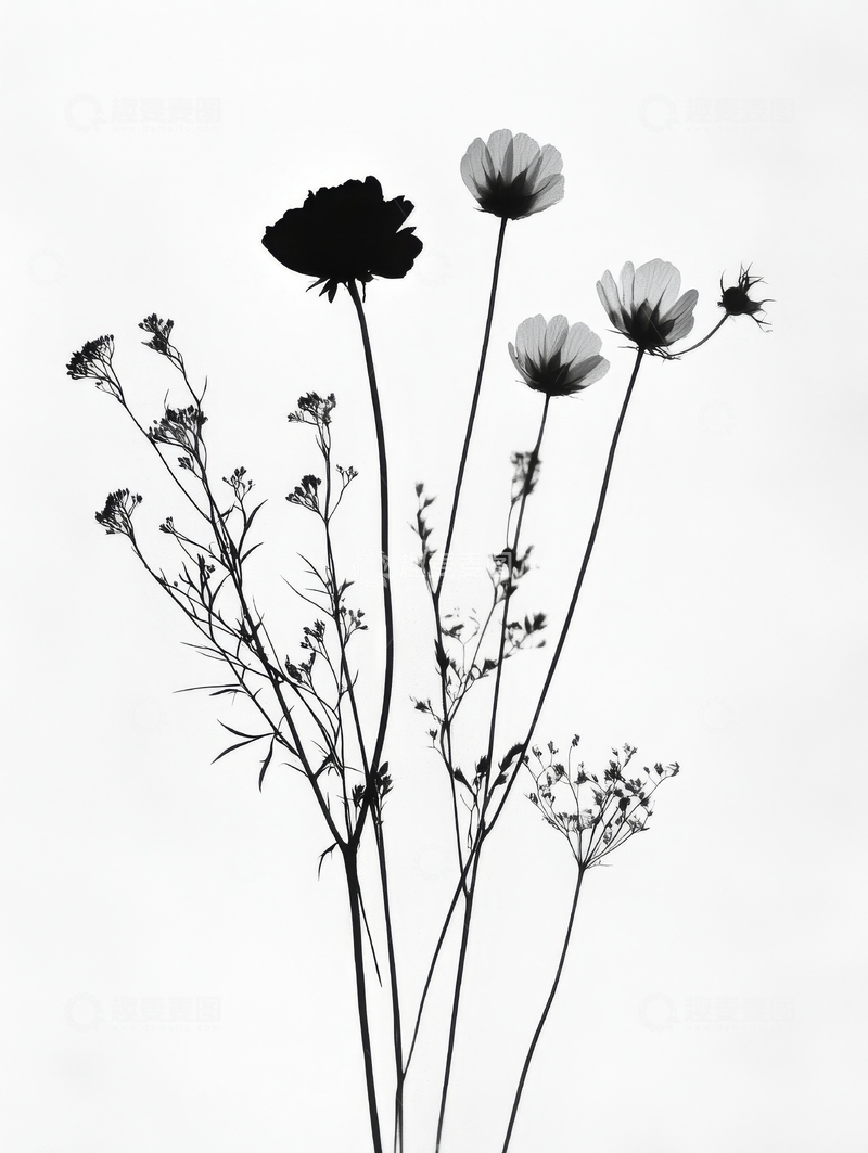 高清大图下载【趣麦麦图】黑白花卉剪影