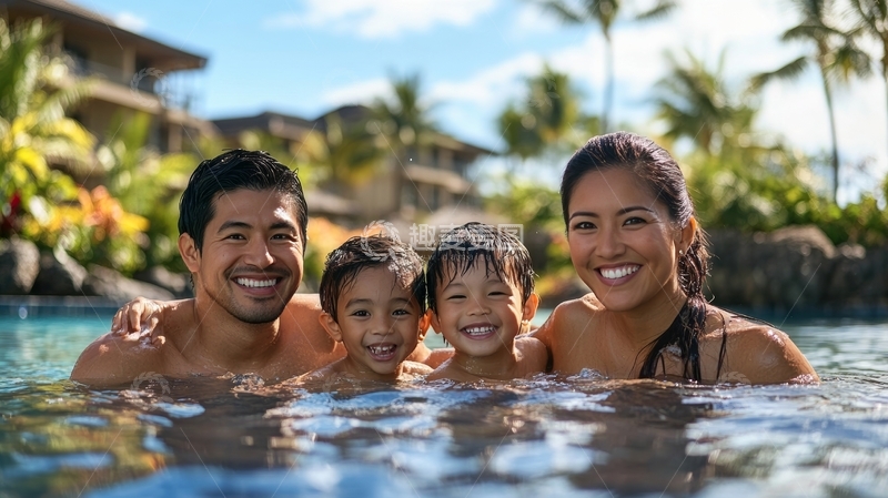 一家四口在泳池中微笑