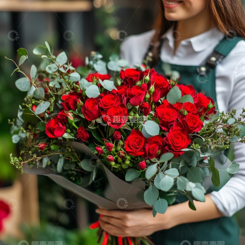 高清大图下载【趣麦麦图】手捧红色玫瑰花束的女性