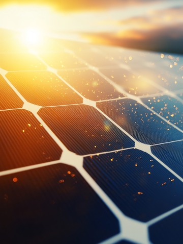 夕阳下的太阳能板特写