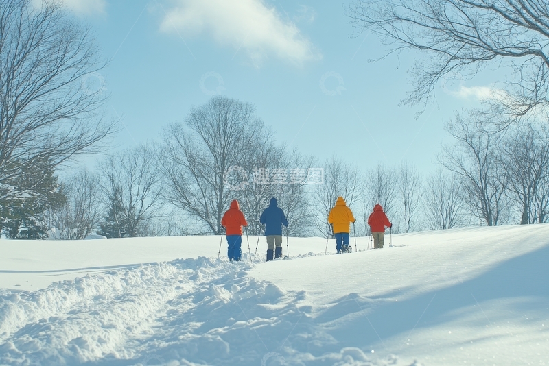 高清大图下载【趣麦麦图】雪地漫步：四人冬季户外活动