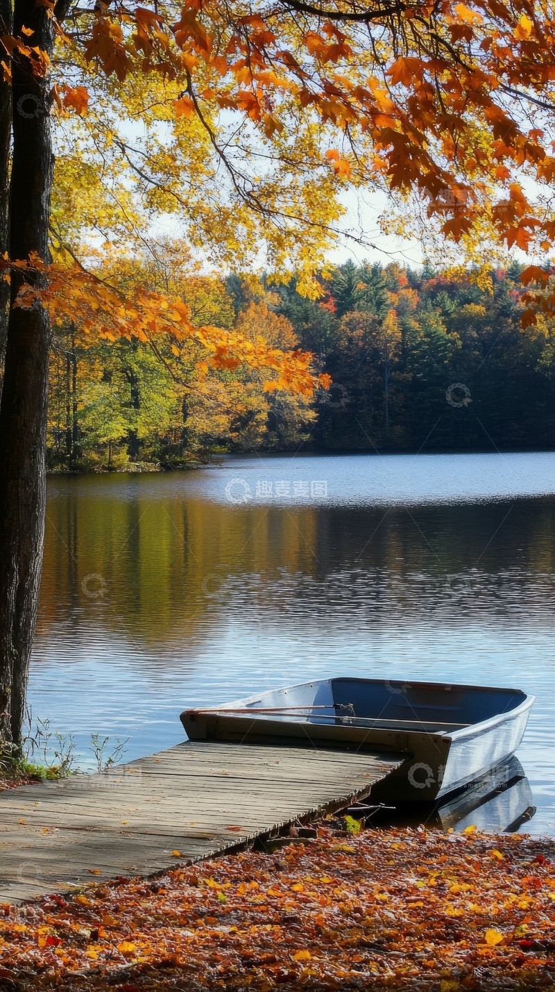 高清大图下载【趣麦麦图】秋日湖畔的小船与落叶