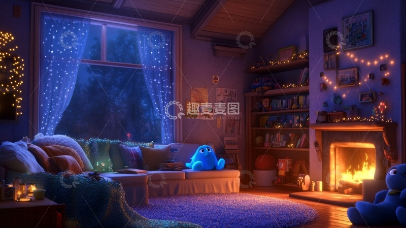 高清大图下载【趣麦麦图】温馨客厅夜景，窗外星光闪烁
