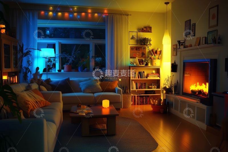 高清大图下载【趣麦麦图】温馨客厅夜景，壁炉与灯光营造舒适氛围