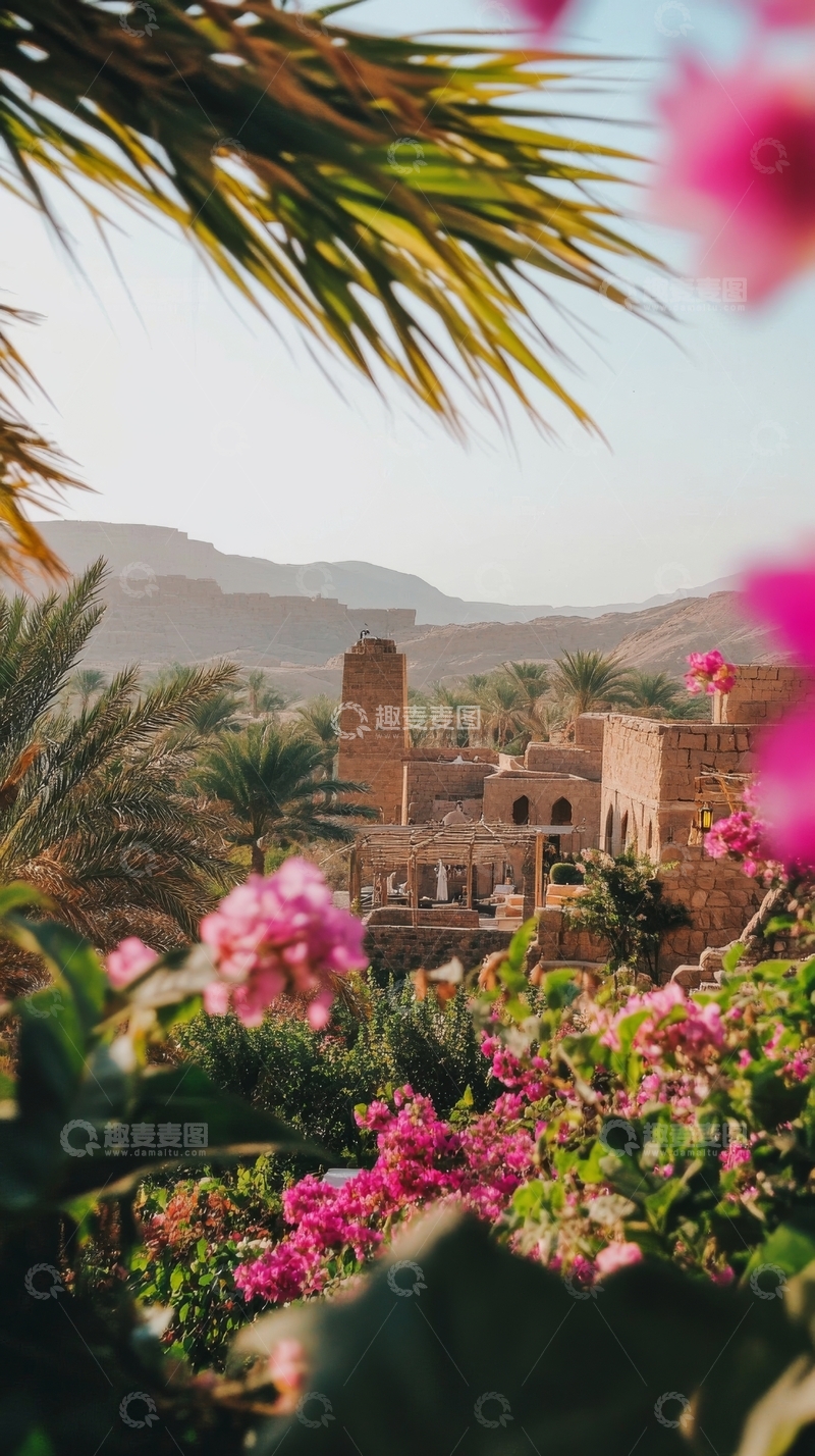高清大图下载【趣麦麦图】沙漠绿洲中的古建筑与繁花