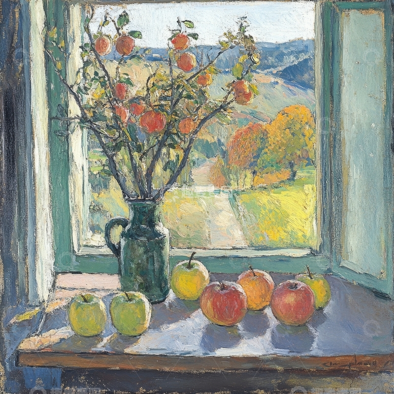 高清大图下载【趣麦麦图】窗台上的苹果与花瓶