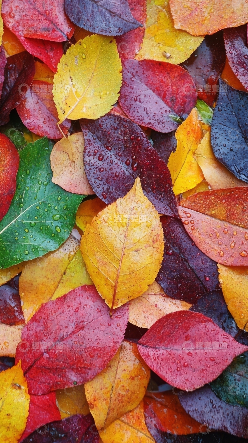 高清大图下载【趣麦麦图】多彩秋叶堆叠特写