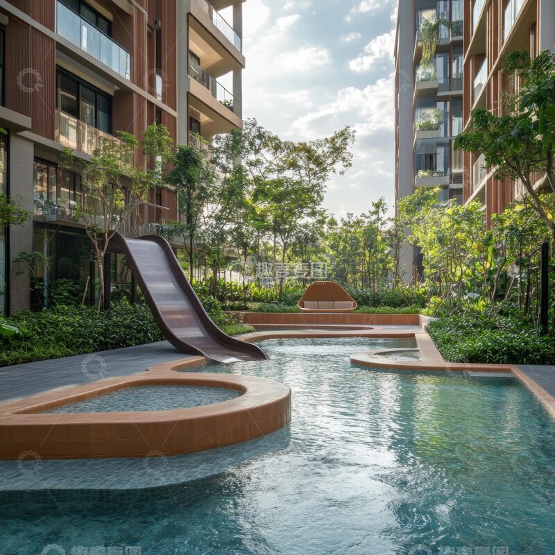 高清大图下载【趣麦麦图】现代住宅区的泳池与滑梯