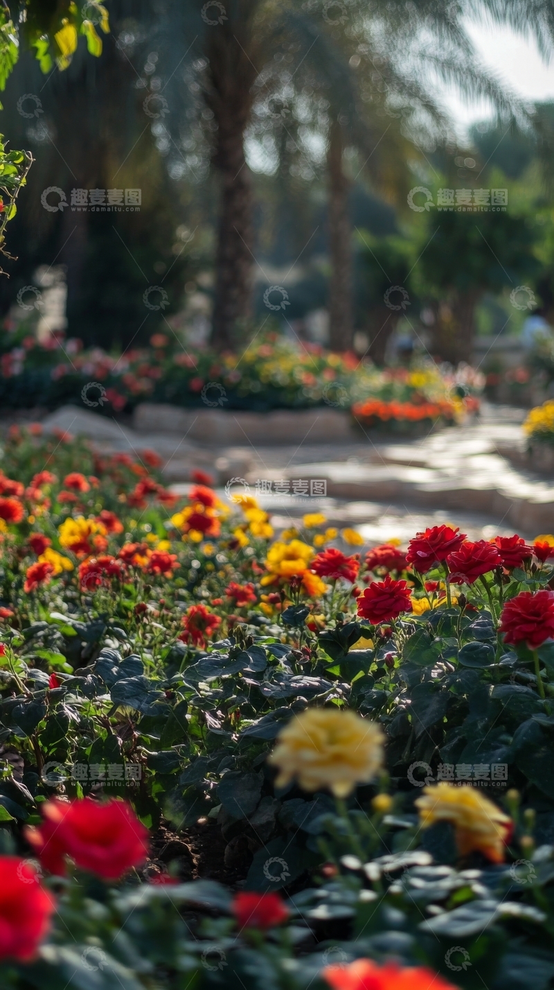 高清大图下载【趣麦麦图】花园中的多彩花卉与小径