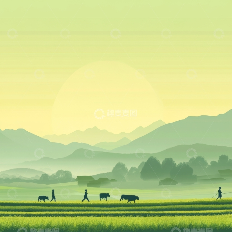 高清大图下载【趣麦麦图】田园风光：农夫与牛在稻田中行走