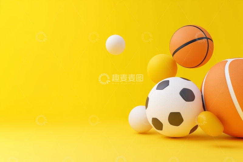 高清大图下载【趣麦麦图】多彩运动球体在黄色背景上的排列