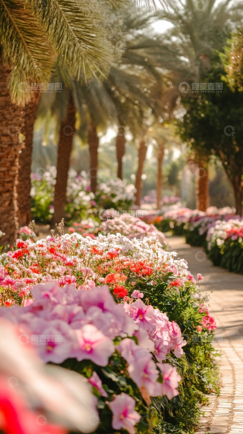 高清大图下载【趣麦麦图】花坛小径两旁棕榈树与鲜花