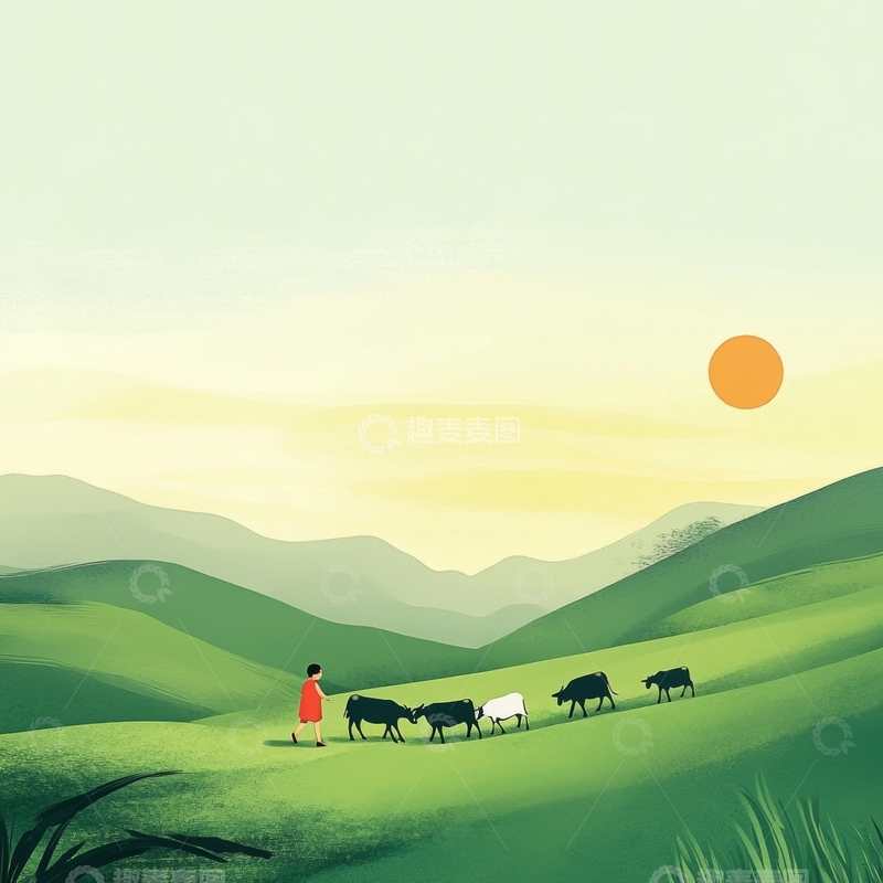 高清大图下载【趣麦麦图】牧童与牛群在绿野上的黄昏