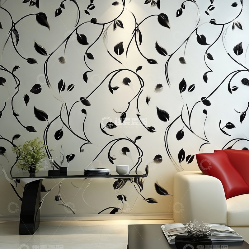 高清大图下载【趣麦麦图】现代客厅装饰，黑白藤蔓壁纸与红色沙发