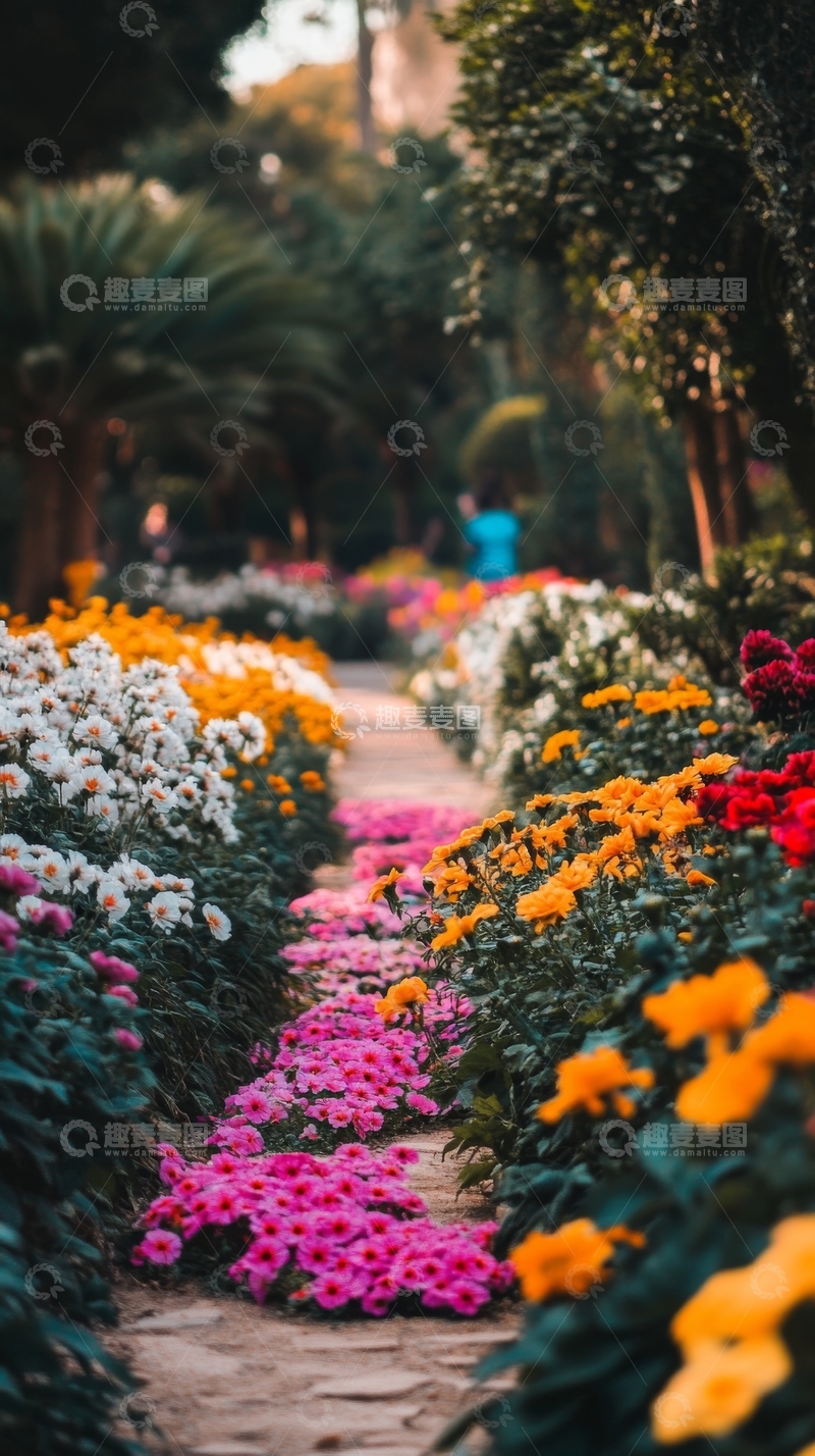高清大图下载【趣麦麦图】花园小径两旁色彩斑斓的花丛