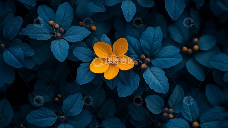 高清大图下载【趣麦麦图】黄色花朵在深蓝绿叶中的特写