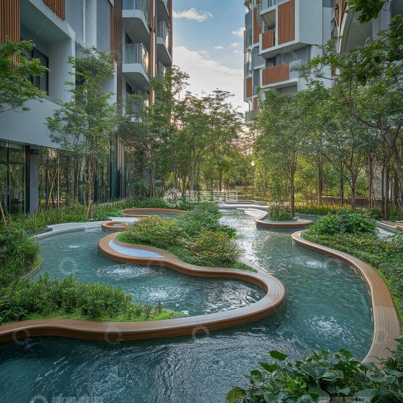 高清大图下载【趣麦麦图】现代住宅区的蜿蜒水景花园
