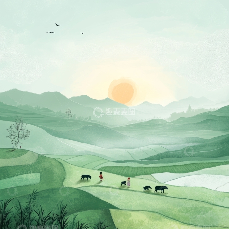 高清大图下载【趣麦麦图】田园风光：日落下的梯田与牧牛人