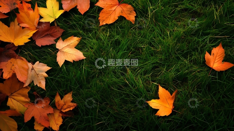 高清大图下载【趣麦麦图】秋叶散落绿草地
