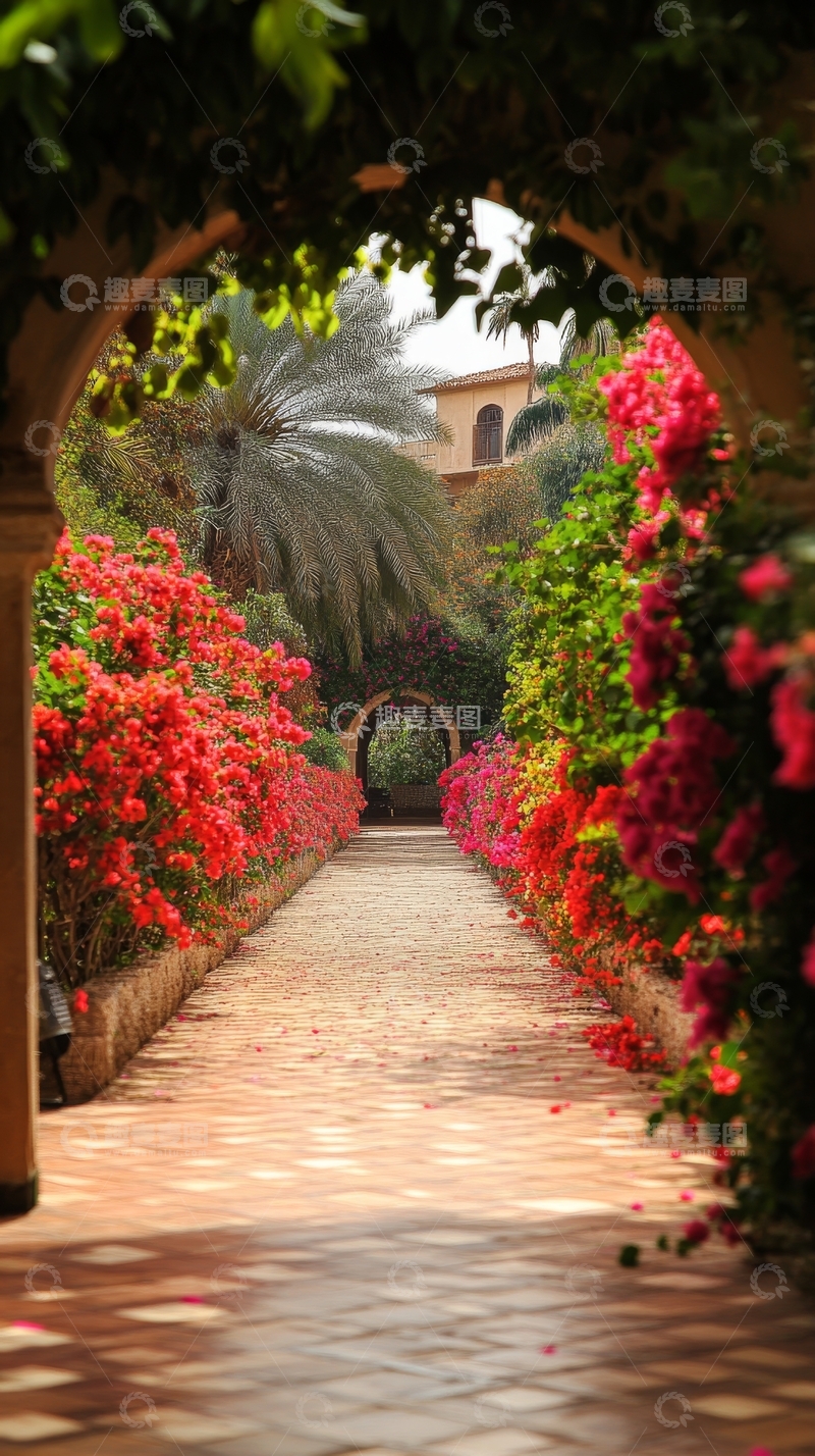 高清大图下载【趣麦麦图】拱廊花径，绿植环绕的庭院小道