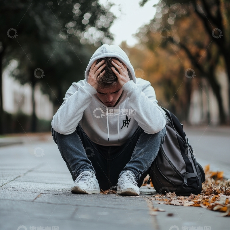 高清大图下载【趣麦麦图】街头蹲坐的青年低头沉思