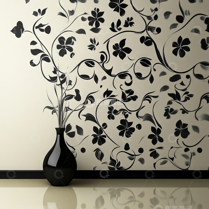 高清大图下载【趣麦麦图】黑花瓶与墙绘花卉图案