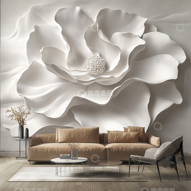 高清大图下载【趣麦麦图】现代客厅与巨大白色花朵壁画