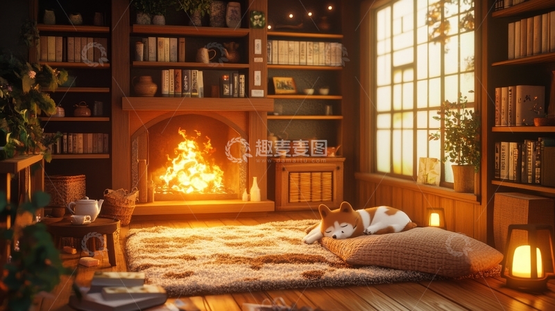 高清大图下载【趣麦麦图】温馨书房内的火炉与休憩的狗狗