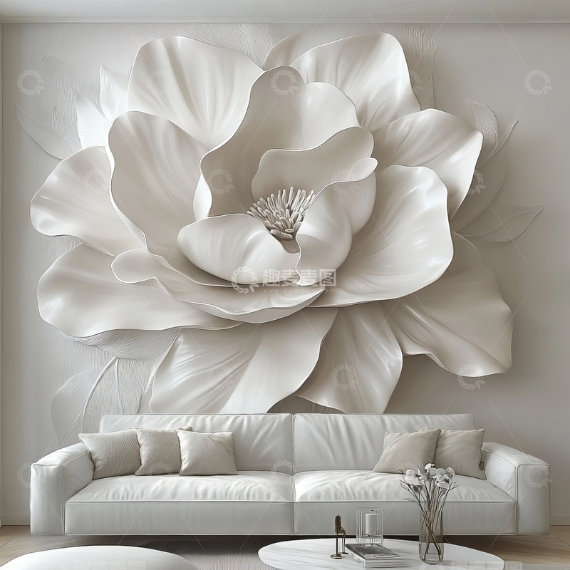 高清大图下载【趣麦麦图】客厅背景墙上的巨大白色花朵装饰