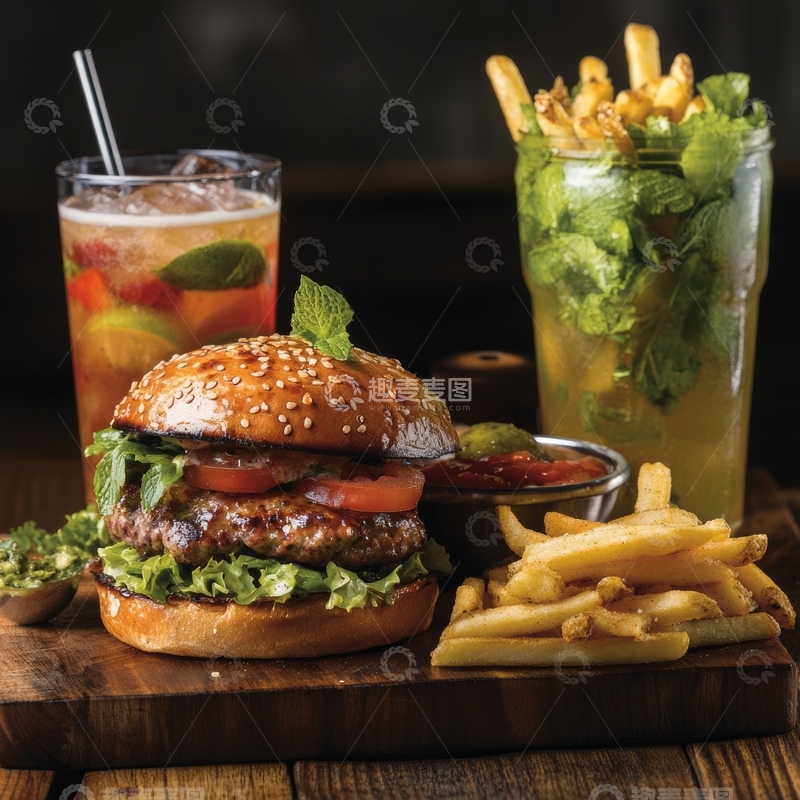 高清大图下载【趣麦麦图】汉堡配薯条与饮品的美食组合