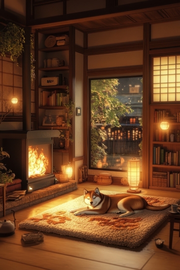 温馨书房内的柴犬与暖炉