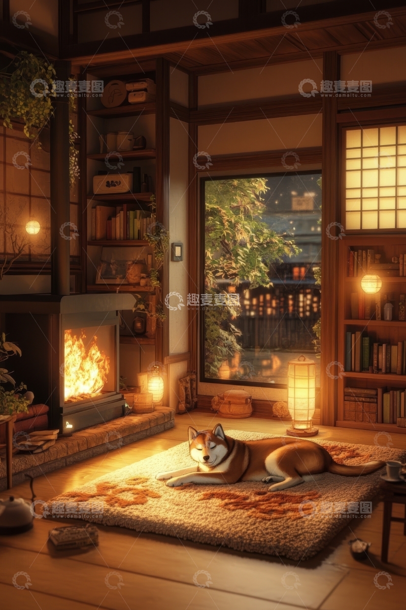 高清大图下载【趣麦麦图】温馨书房内的柴犬与暖炉