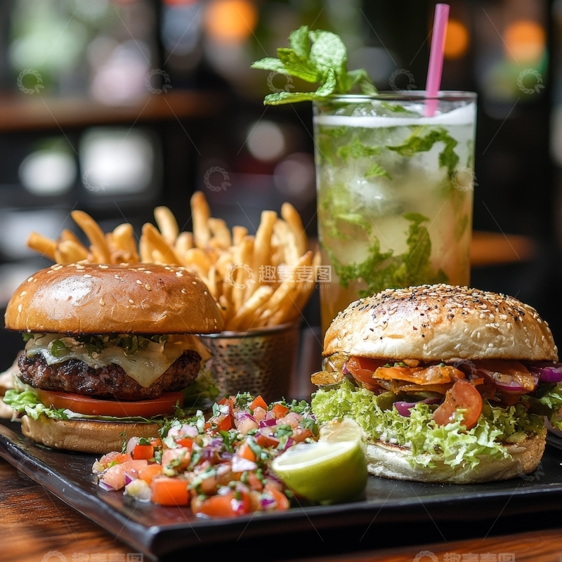 高清大图下载【趣麦麦图】美味汉堡配薯条与清凉饮品