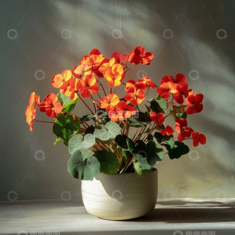高清大图下载【趣麦麦图】窗边的红色天竺葵盆栽