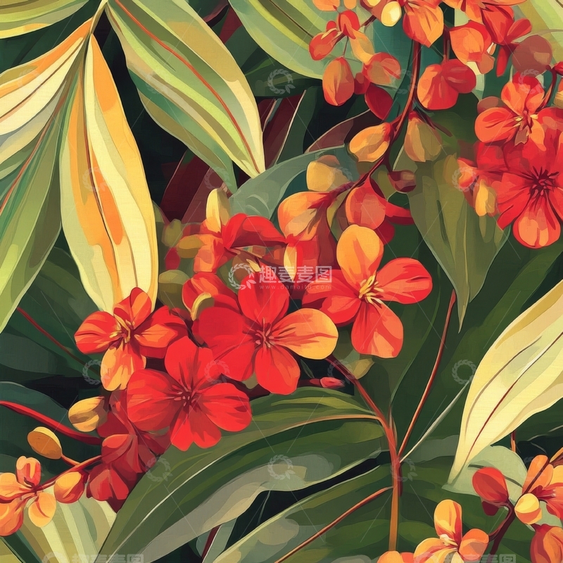 高清大图下载【趣麦麦图】橙色花朵与绿叶的自然图案