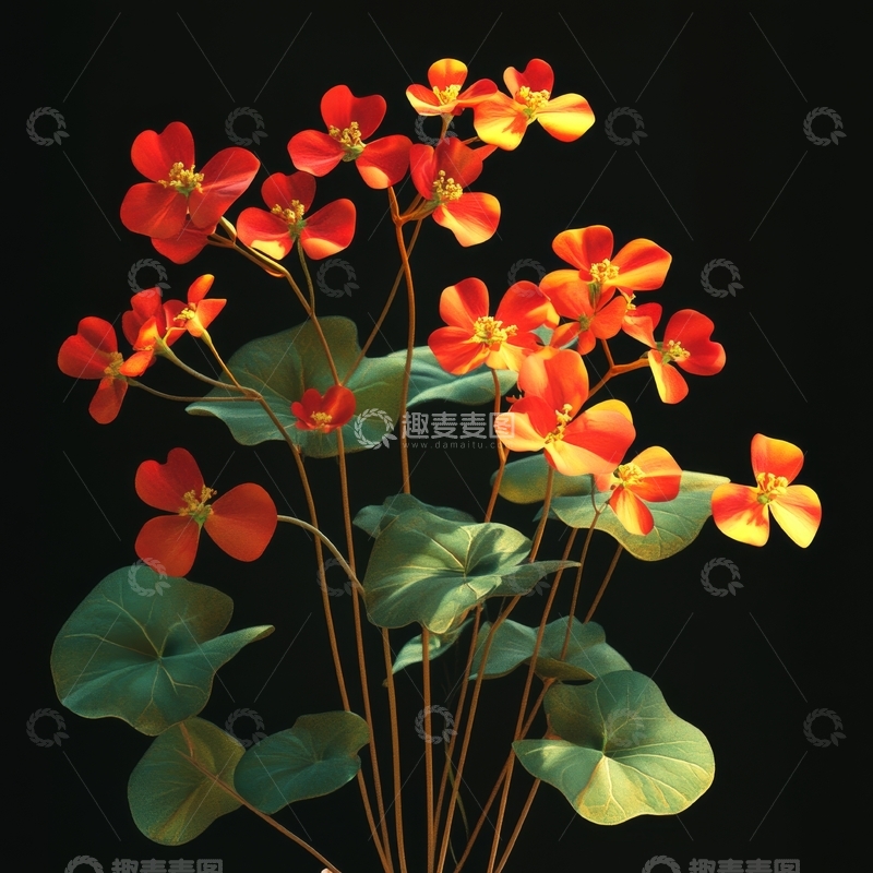 高清大图下载【趣麦麦图】橙红色花朵与绿叶的静物图