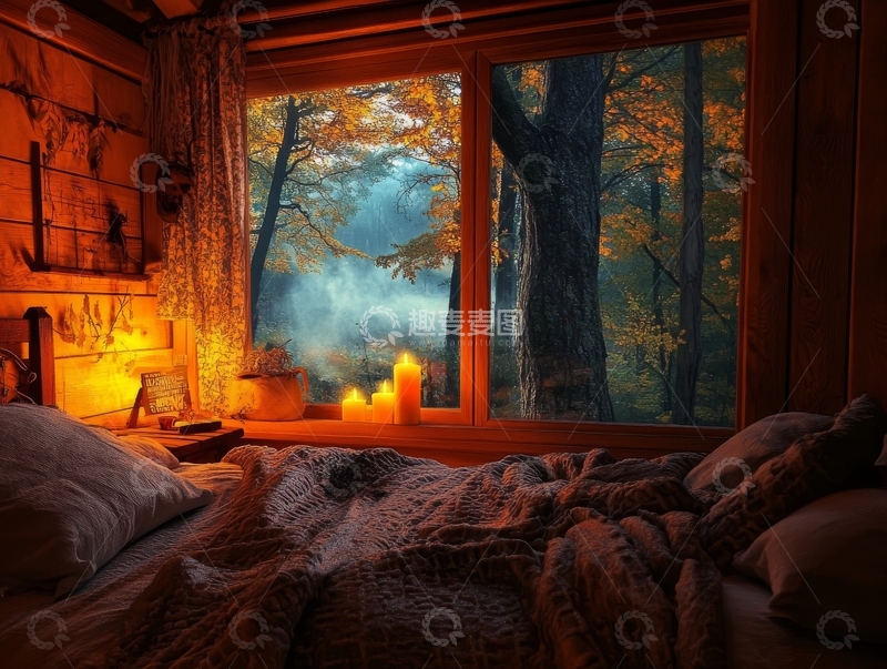 高清大图下载【趣麦麦图】温馨卧室与窗外秋林美景